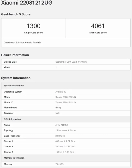 Xiaomi 12T pro test score of Geekbench